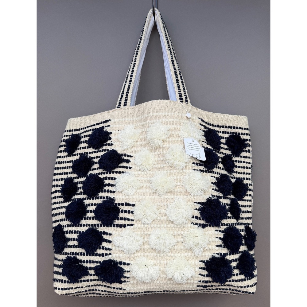 Mud Pie Large Navy Cream Pom Pom Tote Bag NWT Woven Boho Beach Coastal Travel